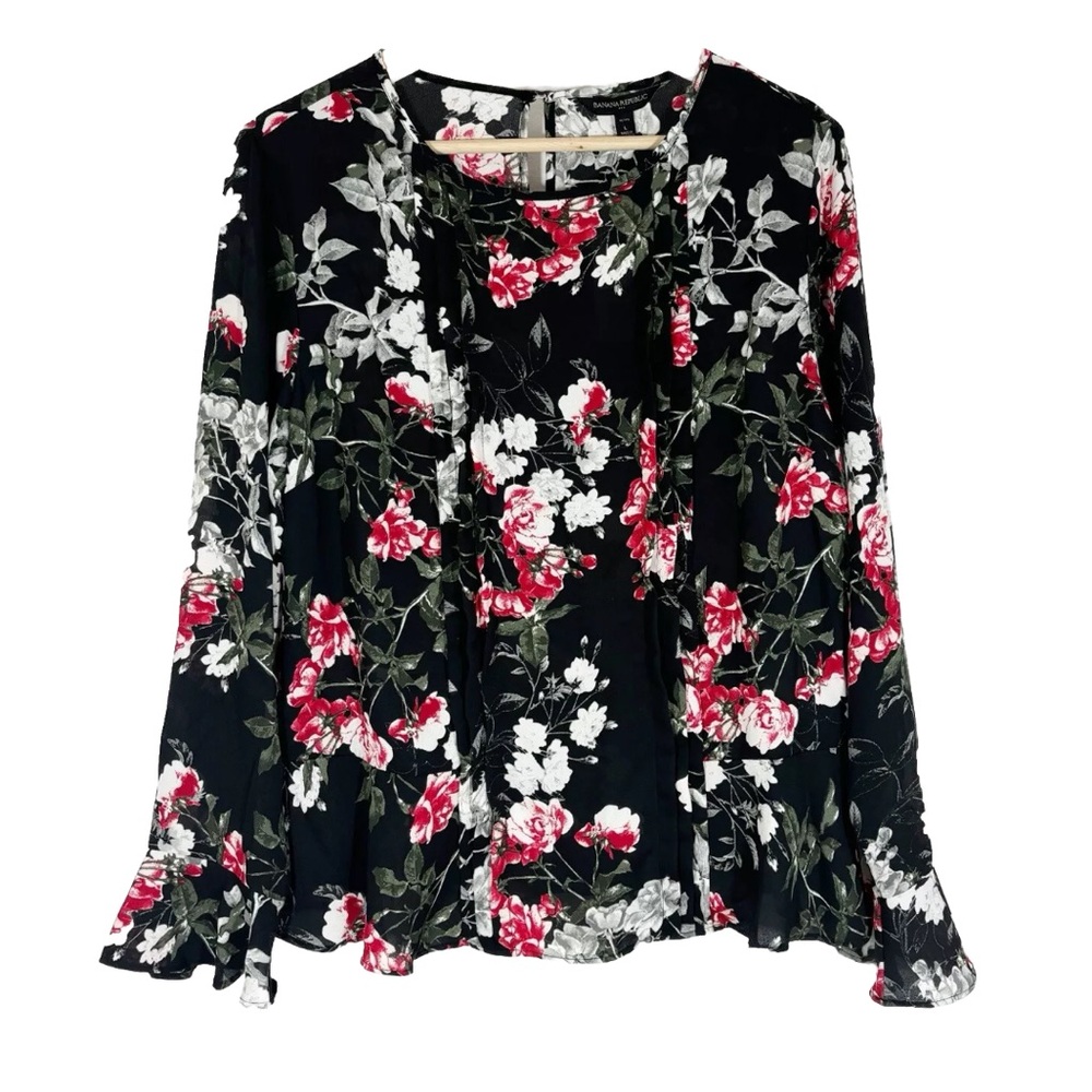 NWT Banana Republic Floral Chiffon Top Pleated Front Long Sleeves Sz L P…